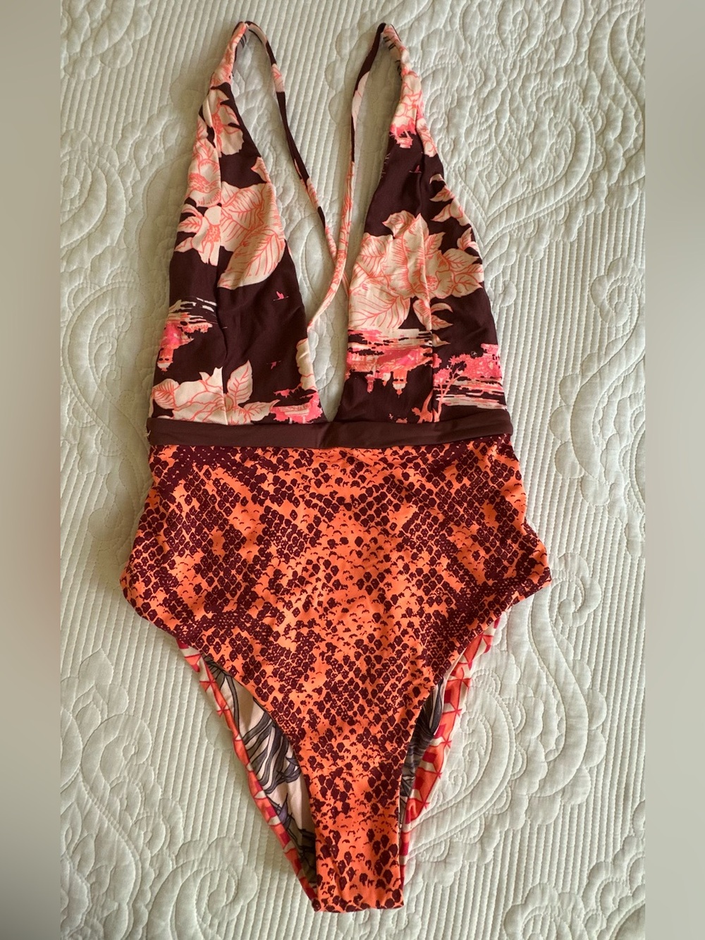 Maaji Floral & Snake-Print Plunge One-Piece Swimsuit - Orange/Brown